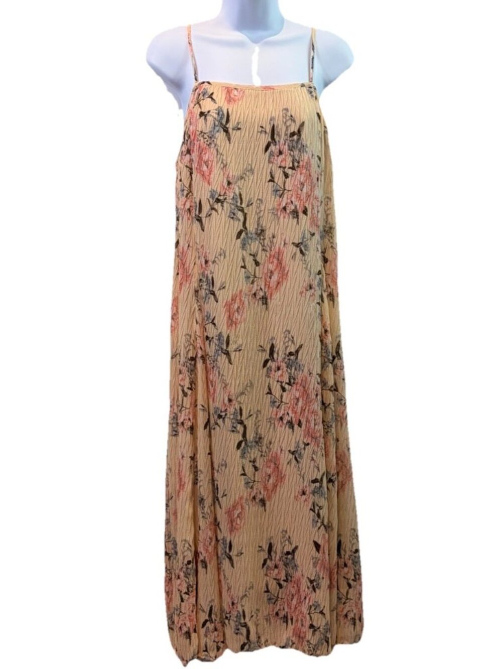 Love Stitch Maxi Dress Beige Floral Boho Beachy Cottagecore Fairy Sundress Sz S